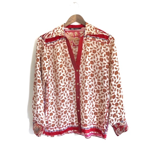 Zara Bold Print Satin Button Up Top XS Preowned - Picture 11 of 16